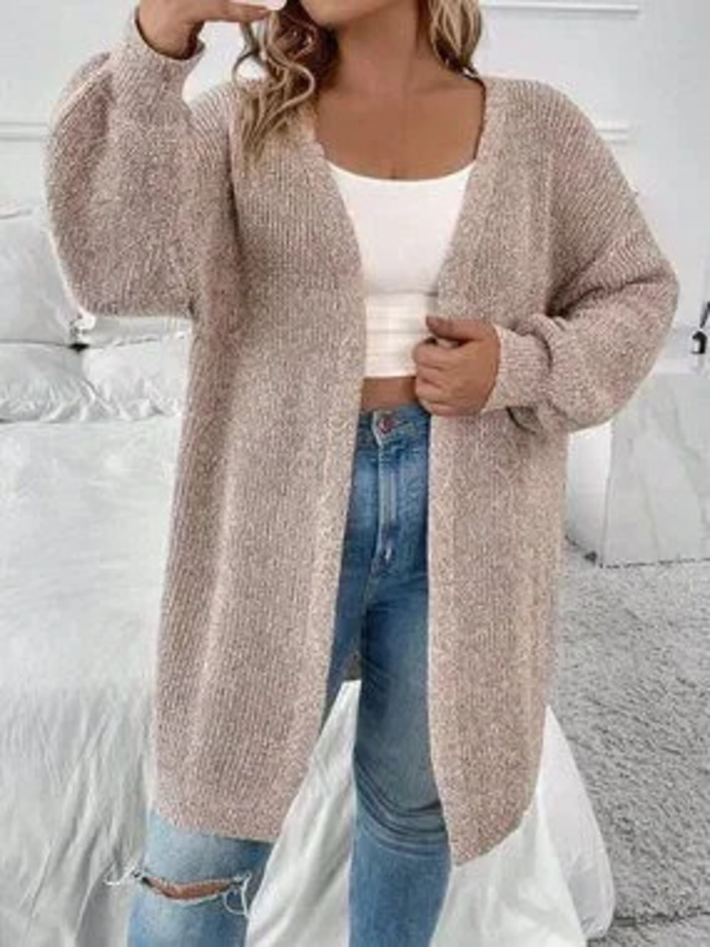 ZARA Khaki Women's Casual Plus Size Versatile Knitted V-Neck Cardigan - Picture 6 of 6